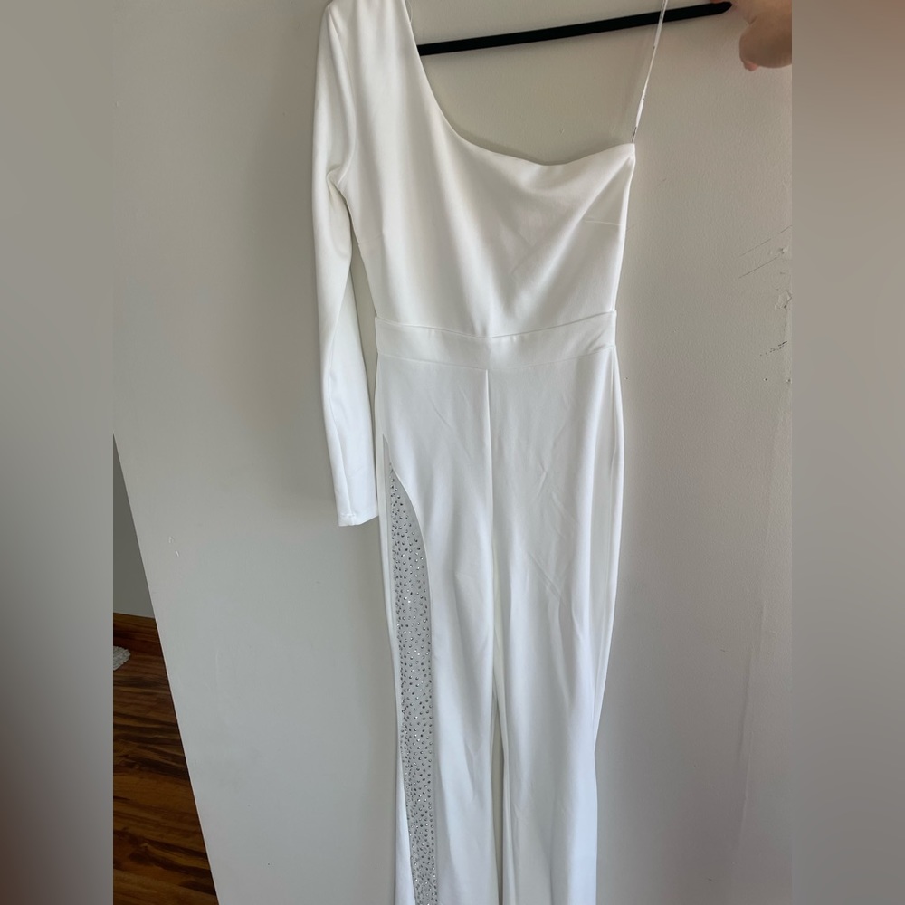 White jumpsuit with sequin leg